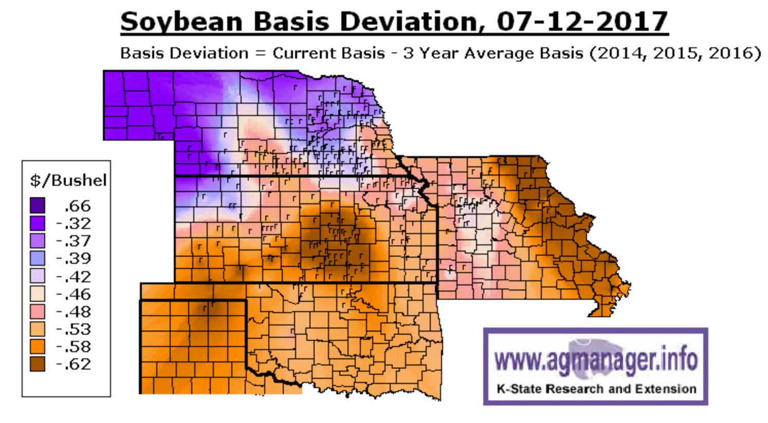 This bean basis map by Kansas State confirms grain buying weakness everywhere except the drought affected Dakotas.